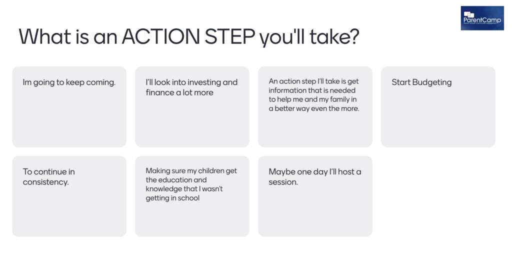 A white background with a question, "What is an ACTION STEP you'll take?" Text boxes provide four options.