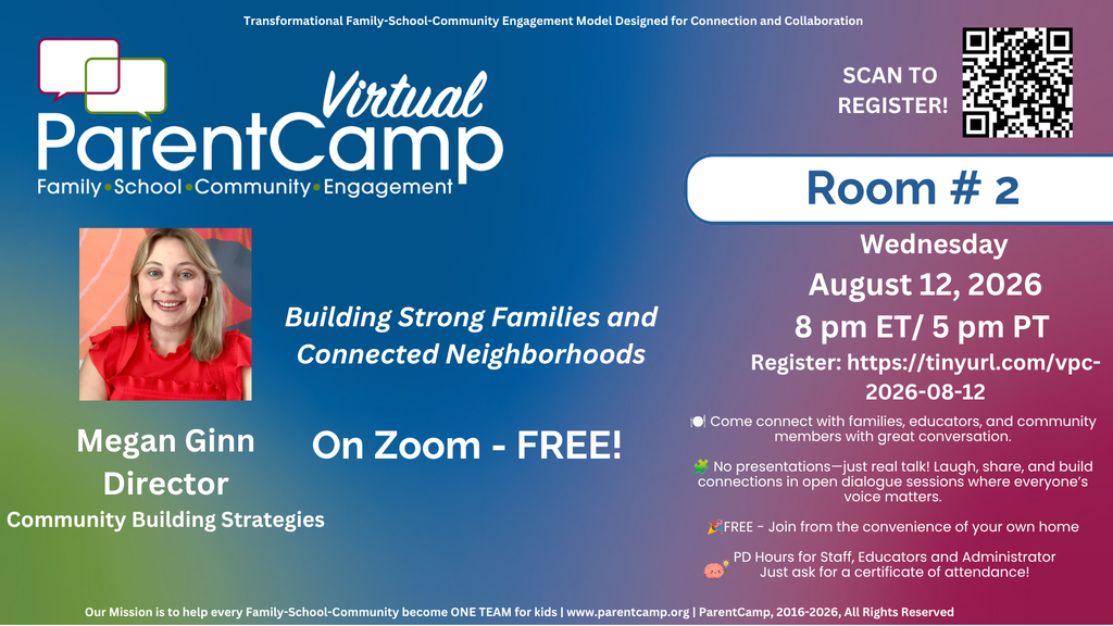 An event flyer promotes a "Virtual ParentCamp." It features a smiling woman, "Megan Ginn, Director Community Building Strategies."
