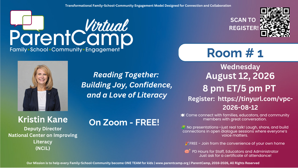 An advertisement for Virtual ParentCamp, featuring Kristin Kane and a QR code. The event is on August 12, 2026.