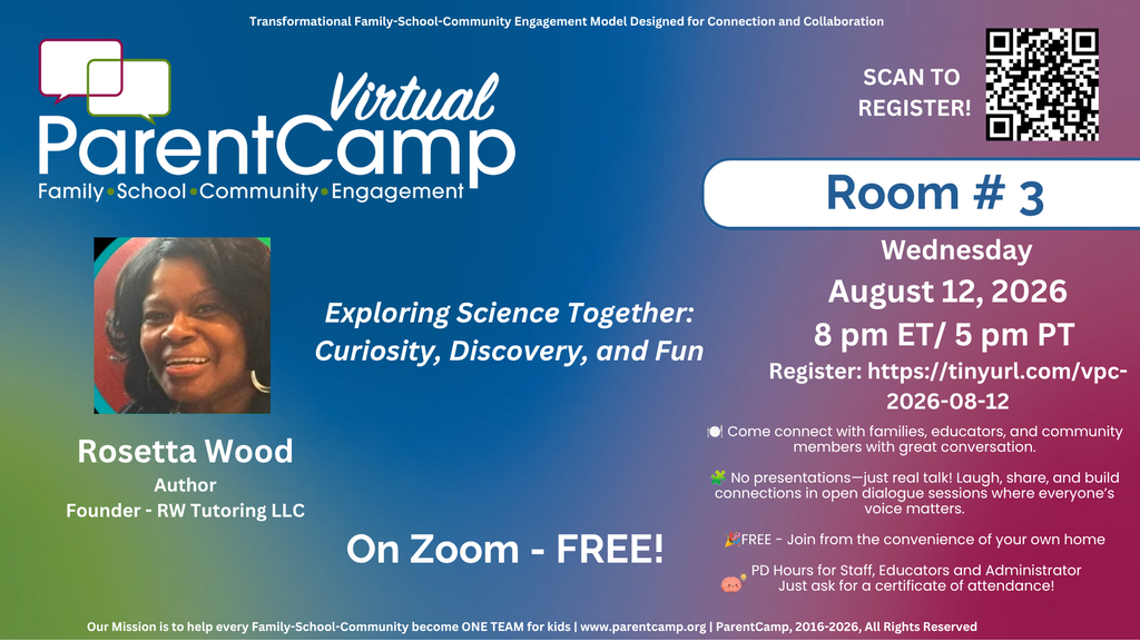 Blue and purple background. A person smiles at the camera. "Virtual ParentCamp" text. QR code and "Room # 3" text.