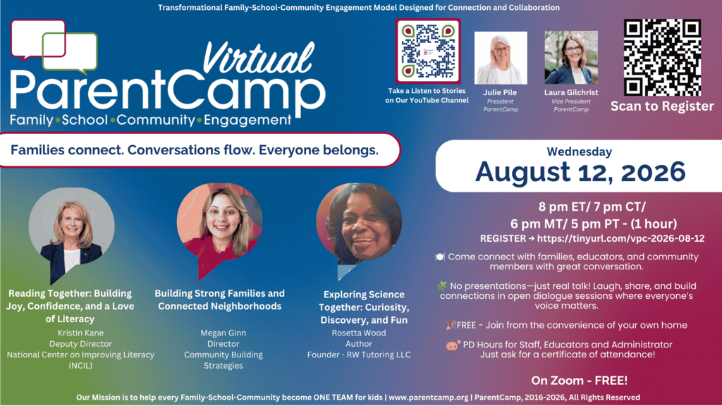 A flyer for "Virtual ParentCamp" with date "August 12, 2026" and a QR code for registration.