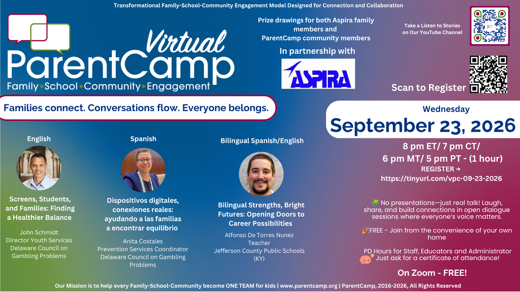 An advertisement for Virtual ParentCamp on Sept 23, 2026, from 6 to 7 pm. It has logos and QR codes.