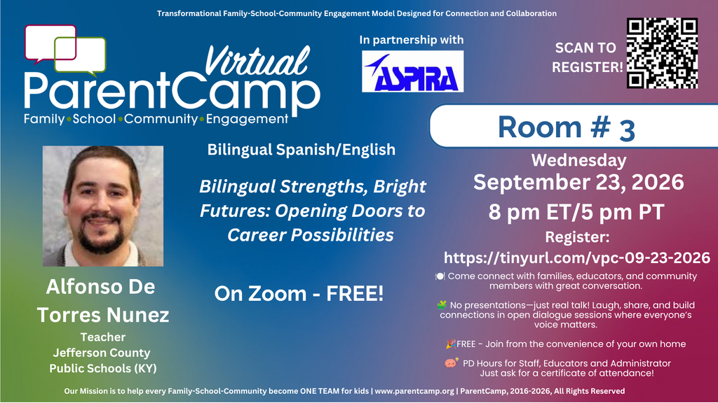 Event flyer for Virtual ParentCamp. Blue and green background. QR code on the top right. Title "Room #3". Date "Wednesday, September 23, 2026".