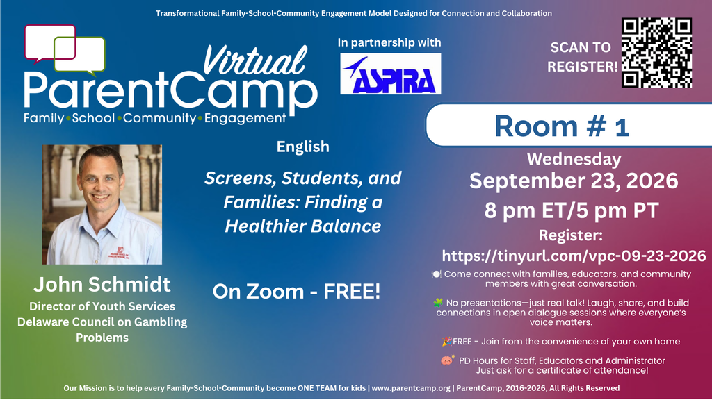 Digital poster for a Virtual ParentCamp featuring a man and the title "Room #1". It reads "Wednesday, September 23, 2026, 8 PM ET/5 PM PT".