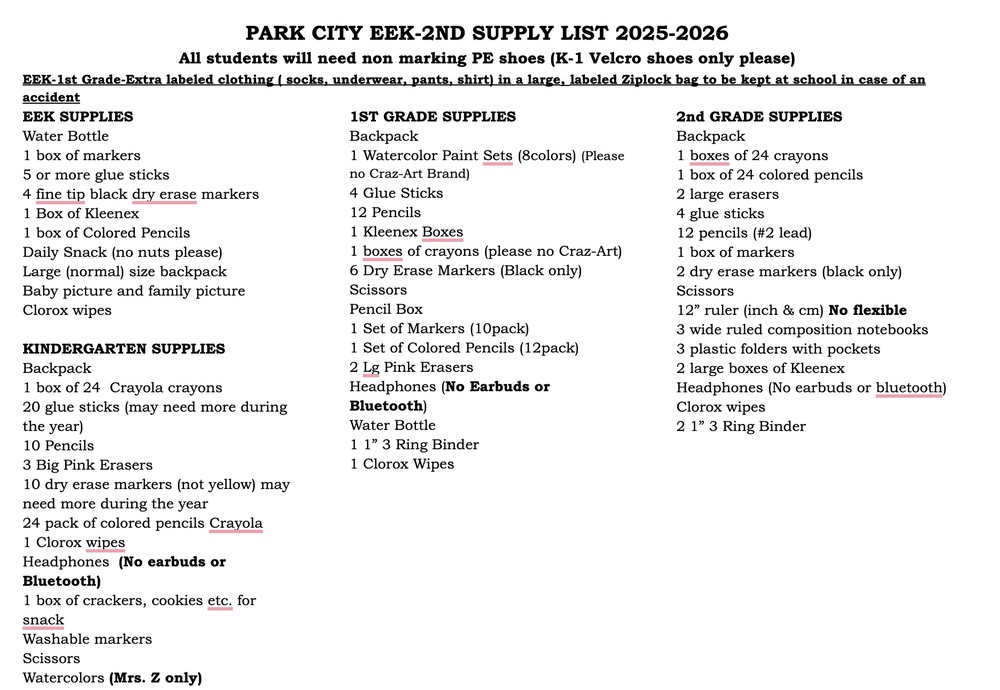 2025-26 EEK-2nd grade Supply List