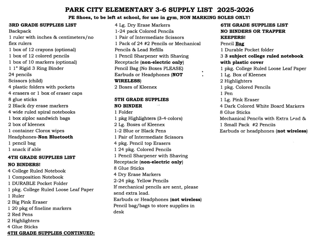 2025-26 Grades 3-6 Supply Lists