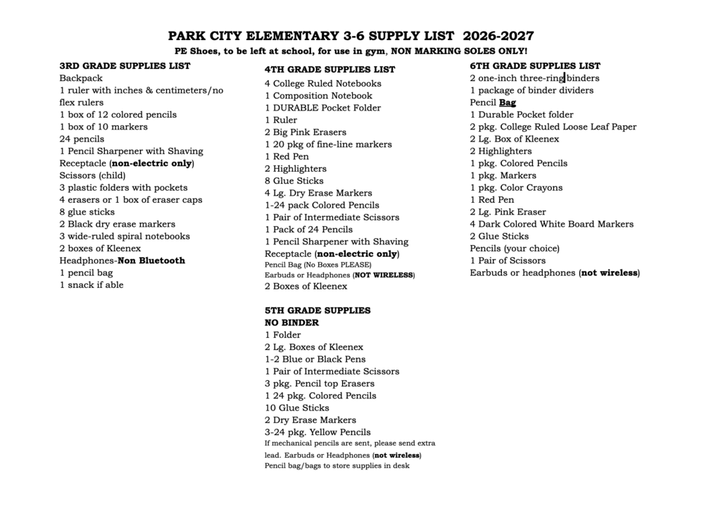 3-6 Grade Supply List 2026-27