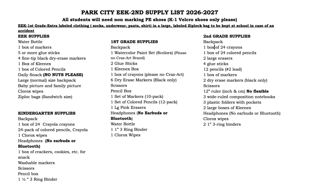 EEK - 2nd Grade Supply List 2026-27