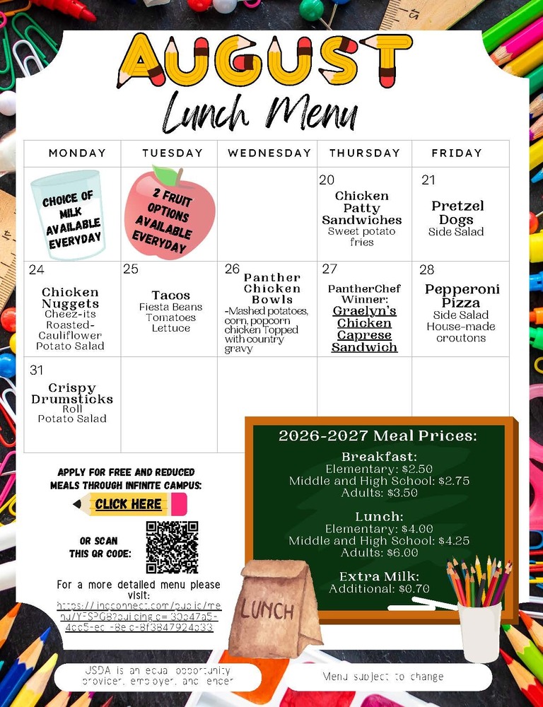August 2026 Lunch Menu