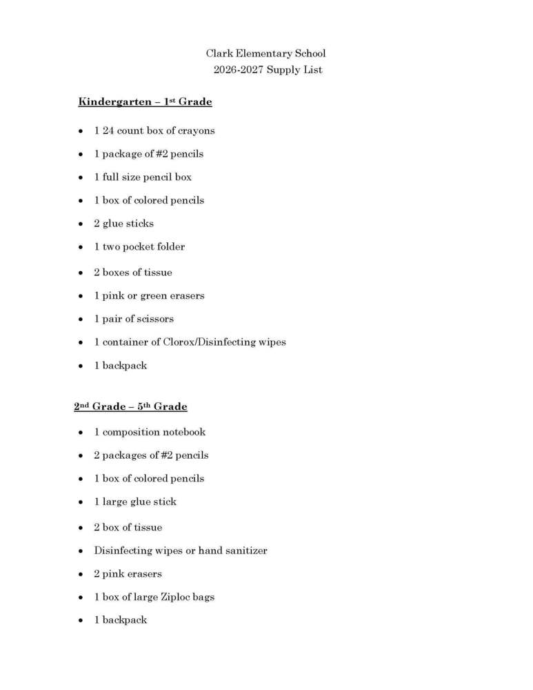 Supply List for 26-27 School Year