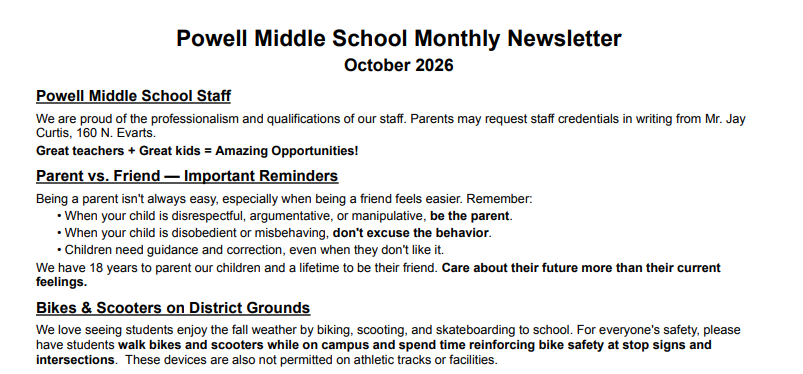 Powell Middle School October 2026 Monthly Newsletter snip it