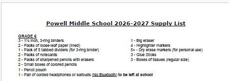 2026-2027 Powell Middle School Supply List