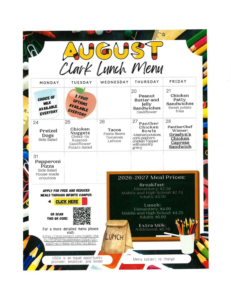 August 2026 Lunch Menu