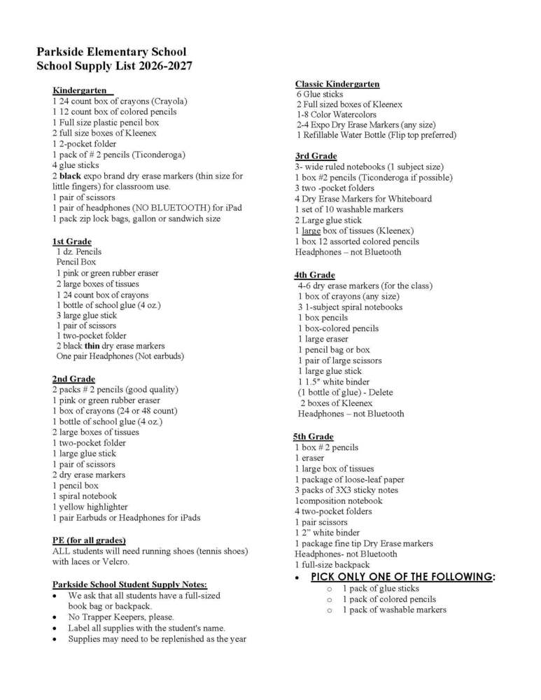 Parkside School Supply List 2026-2027