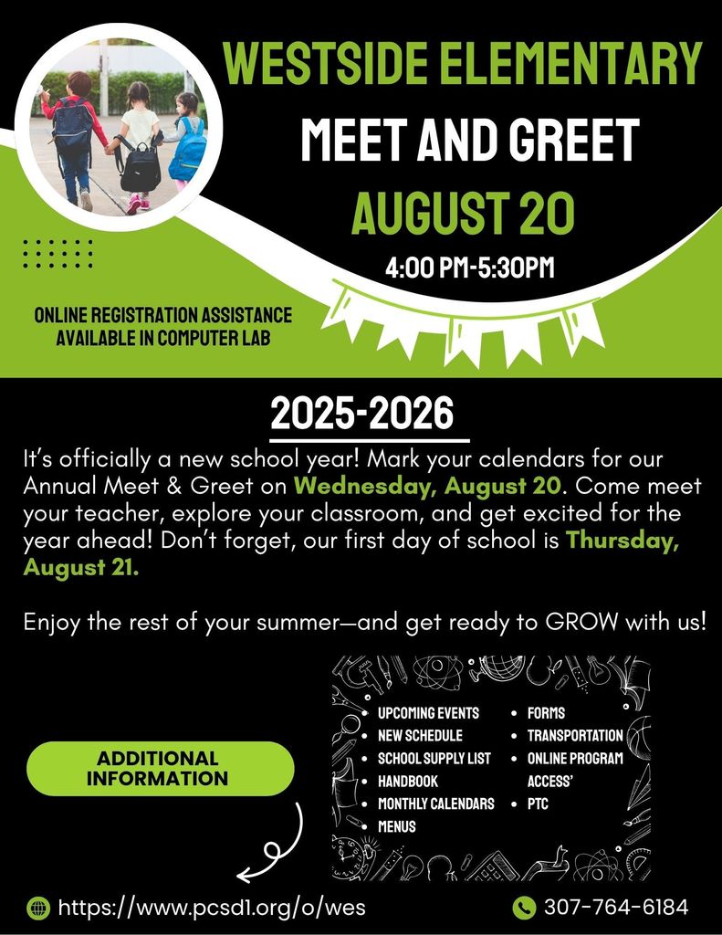 Meet and Greet at Westside on August 20th from 4 to 5 pm. Online Registration will also be available.