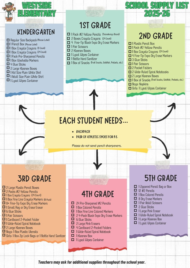 School supply list for Westside. To hear each grade level list please call 764-6184.
