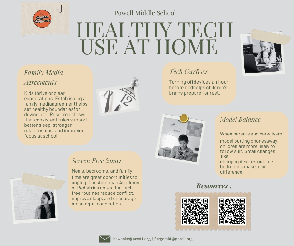 There is information about Heathly Tech Use at Home with 4 suggestions and 2 qr codes. There are photos for decoration and a Digital Wellness logo.
