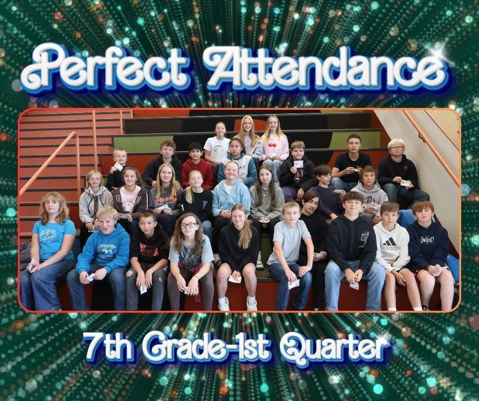 A group of students sitting on  a large staircase who are being recognized for quarter 1 perfect attendance.