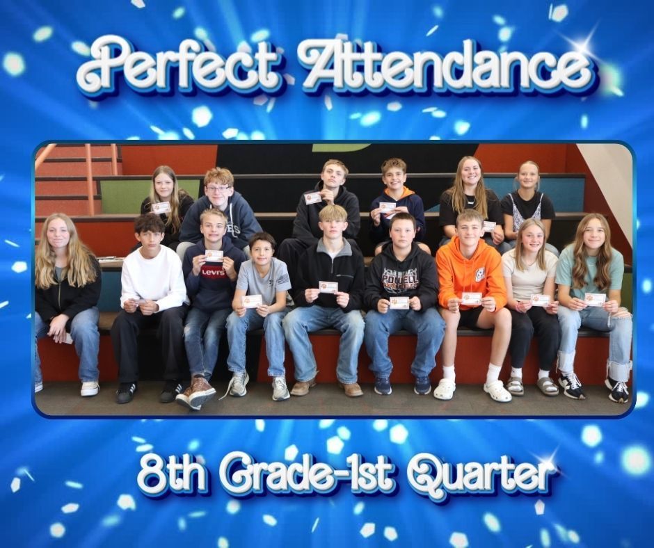A group of students sitting on  a large staircase who are being recognized for quarter 1 perfect attendance.