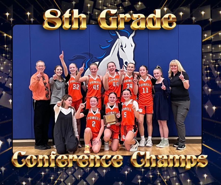 8th grade girls baskeball team and two coaches standing in a gym.