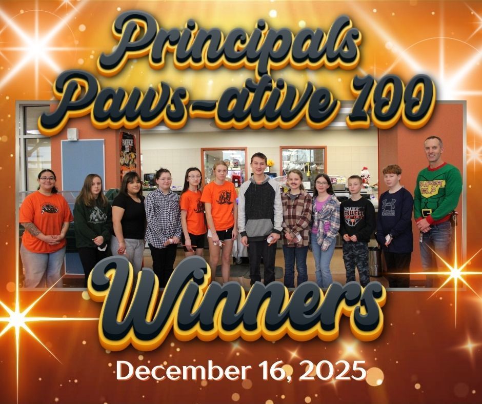 a group of students standing in a cafeteri with the principal and one of the middle school cooks.