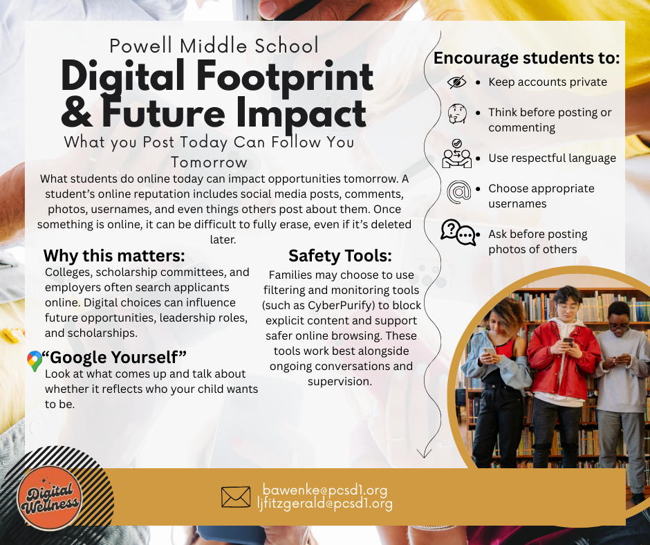 This is an informational post about one's digital footprint & future impact with a stock photo of children  using a cellular device.