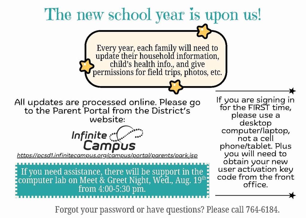 Update annual household information each year. Can meet in computer lab on Aug. 19th from 4 to 5 pm.