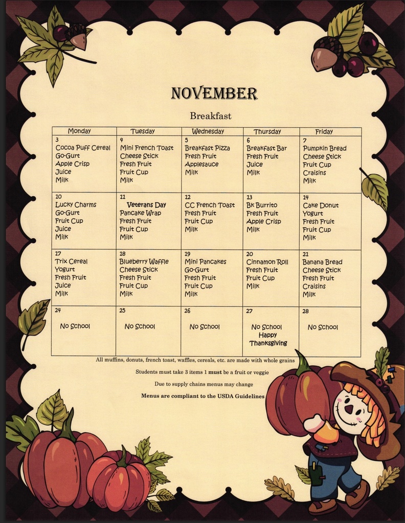 November Breakfast menu
