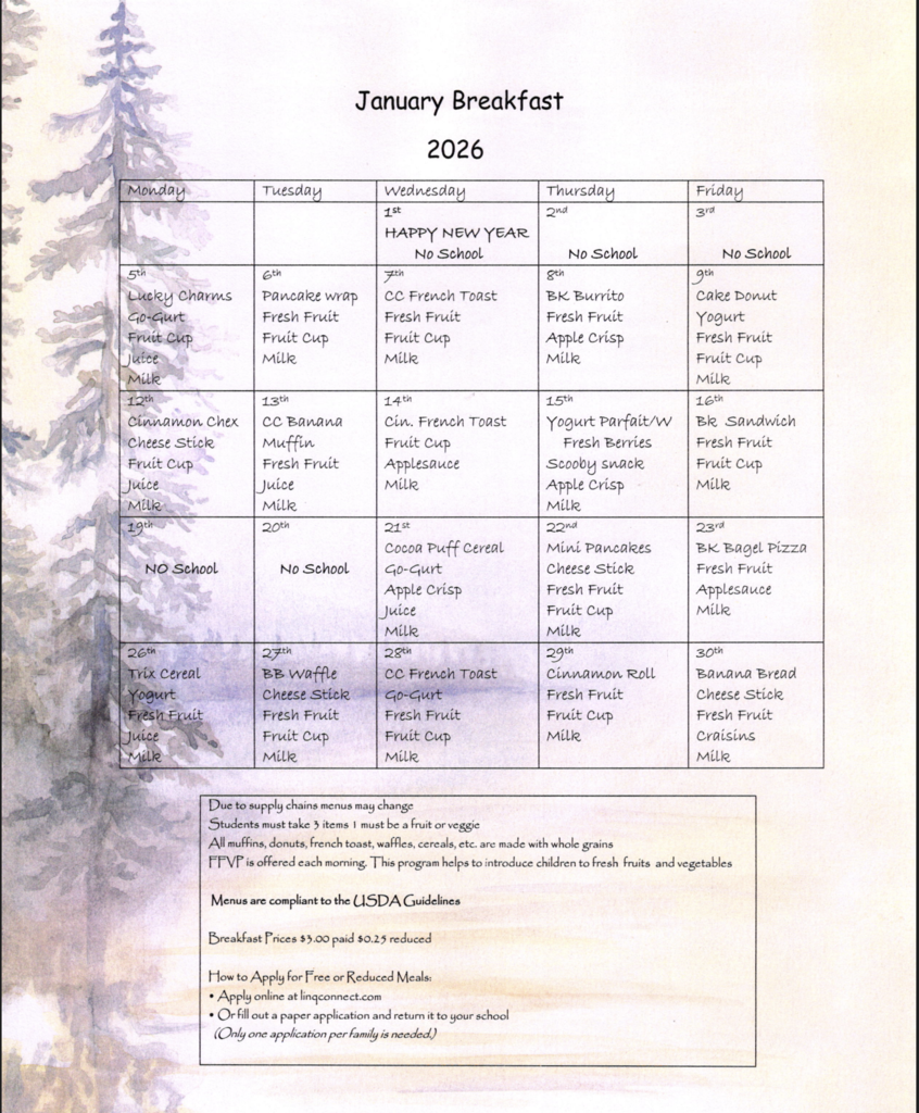 January Breakfast menu