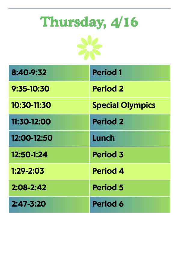 Thursday, 4/16 Schedule