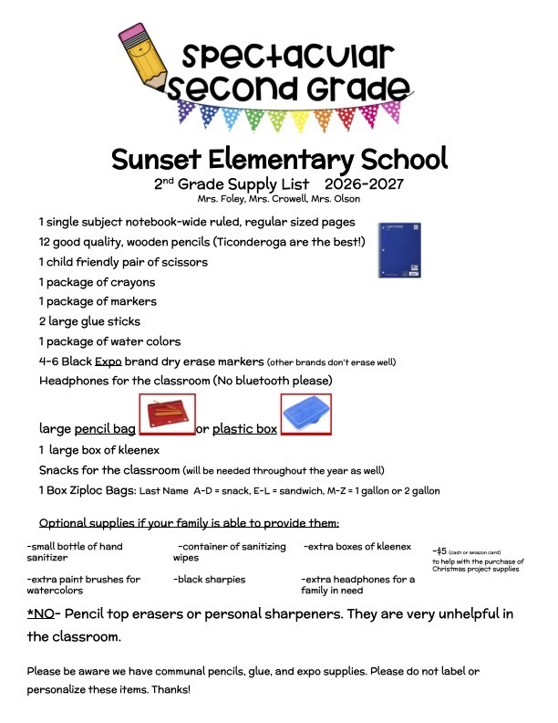 2nd grade supply list 2026-2027