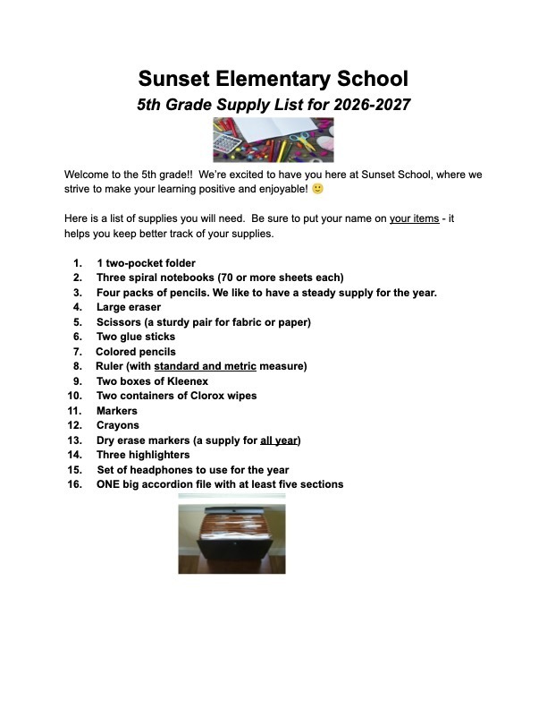 5th grade supply list