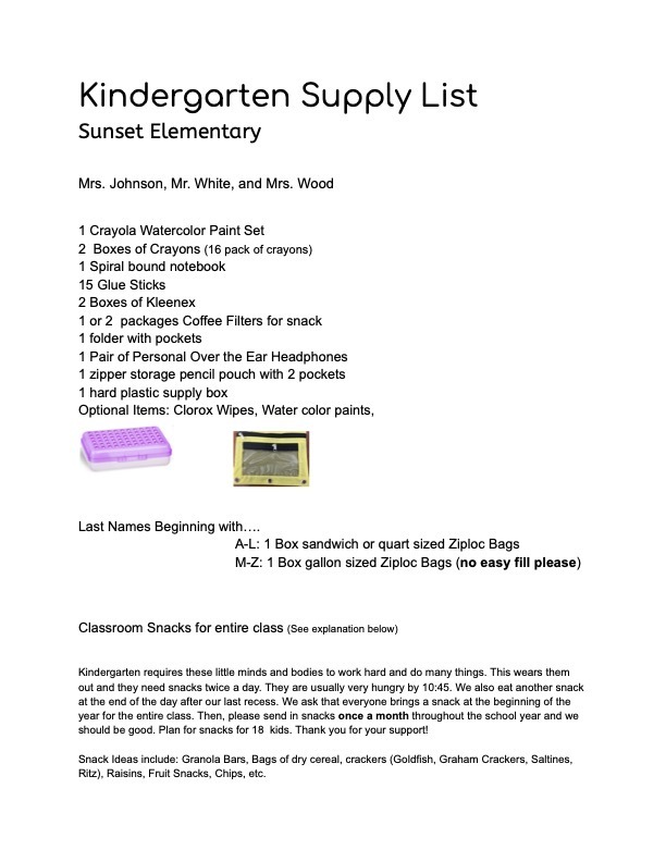 Kindergarten supply list 2026-2027