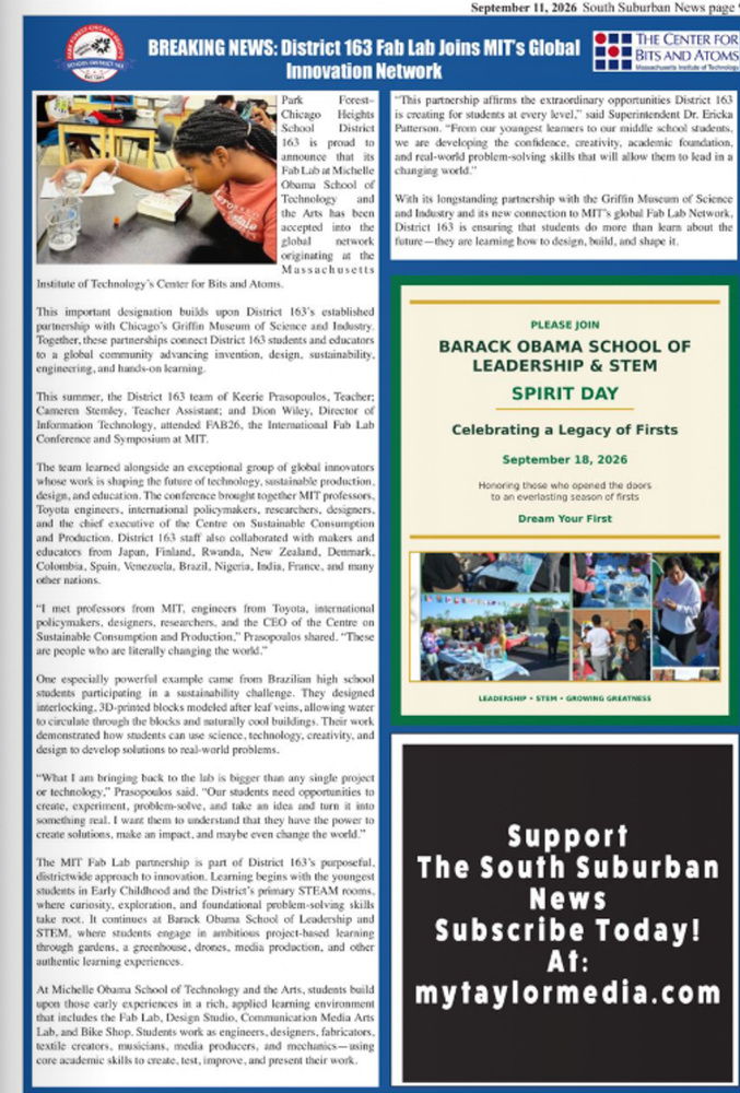 Hello School District 163 Families. Please see the attached news article in reference to District 163s Fab Lab Joining MIT's Global Innovation Network.