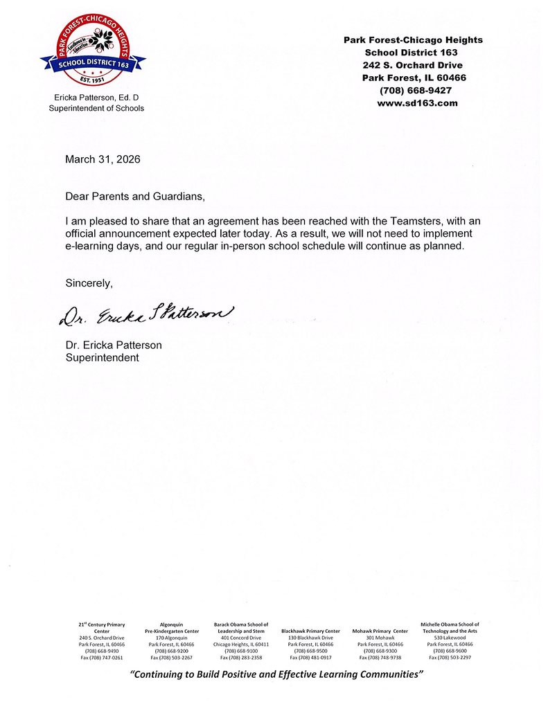 Updated letter from Dr. Ericka Patterson, Superintendent of Schools.