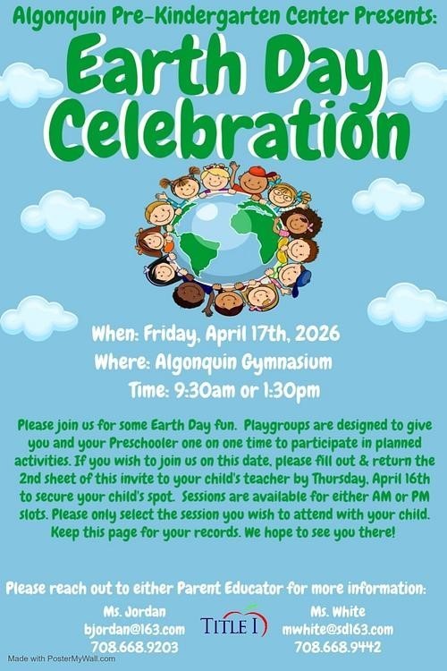 earth day playgroup 9:30 and 1:30 at ALG  prek 