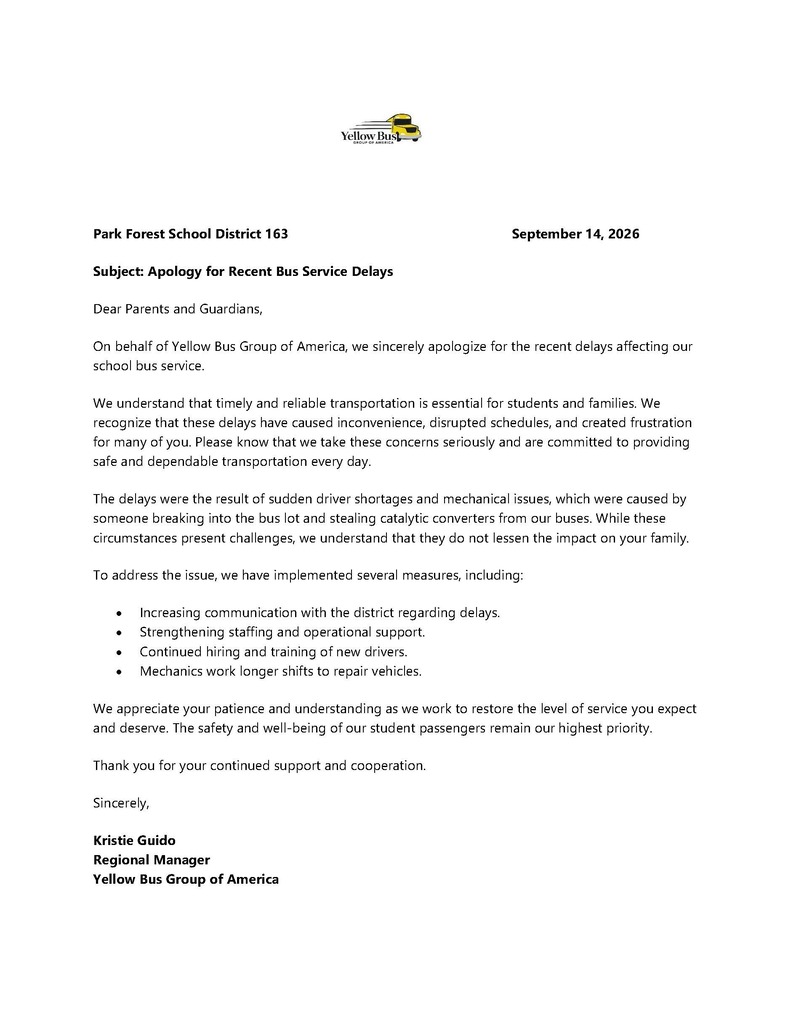 Updated transportation letter from Yellow Bus Group of America. 