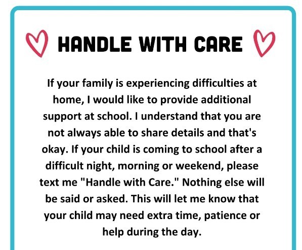 handle with care- text school if your child needs extra care
