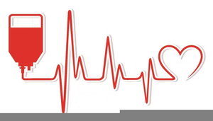 Red clip art blood bag with heart monitor line leading to a heart shape