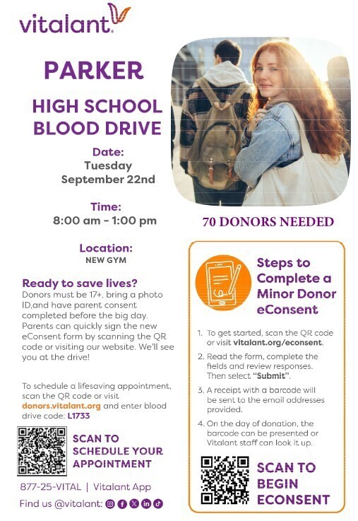 Blood drive flyer with event details and pic of student with long wavy red hair