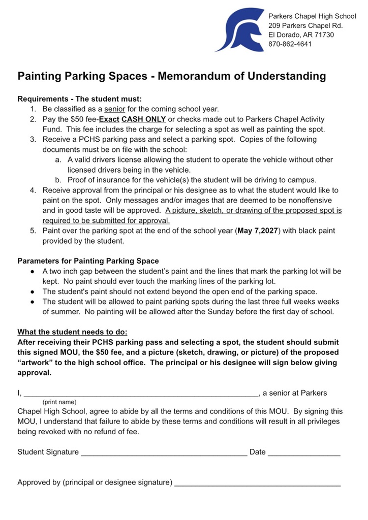 PCHS Senior Parking Space Agreement - painted