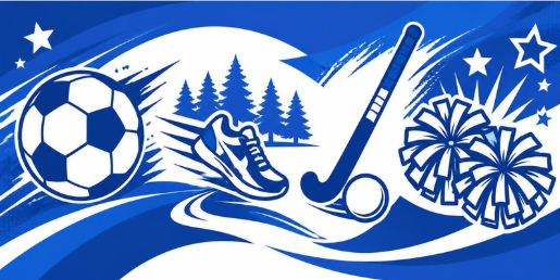 soccer ball, sneaker, field hockey stick/ball, and pompoms