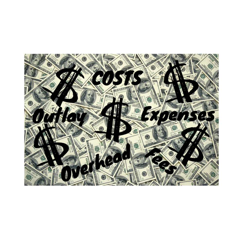 A graphic showing $100 bills and dollar signs and words like costs, expenses, overhead,