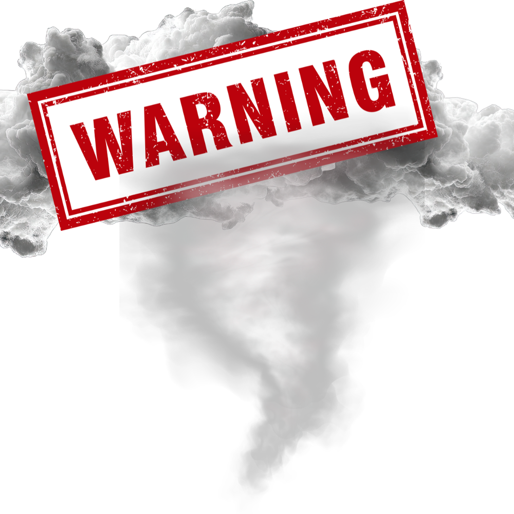 A picture of clouds and a tornado with a waring sign
