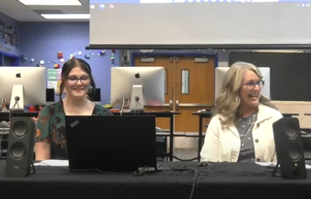 Parsons Middle School Eighth grader Ashlee Linnebur and  Leadership Team teacher Debbie  Shaffer speak to the board.