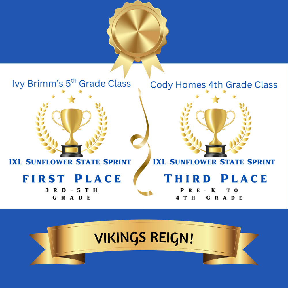 A poster stating Ivy Brimm's class placed firt and Cody Holmes class placed third in the IXL Sunflower State Sprint.