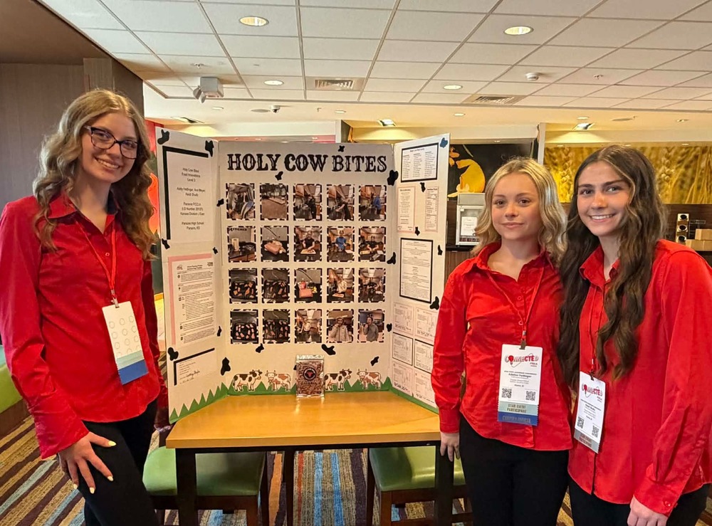 Three FCCLA students stand by their information board.