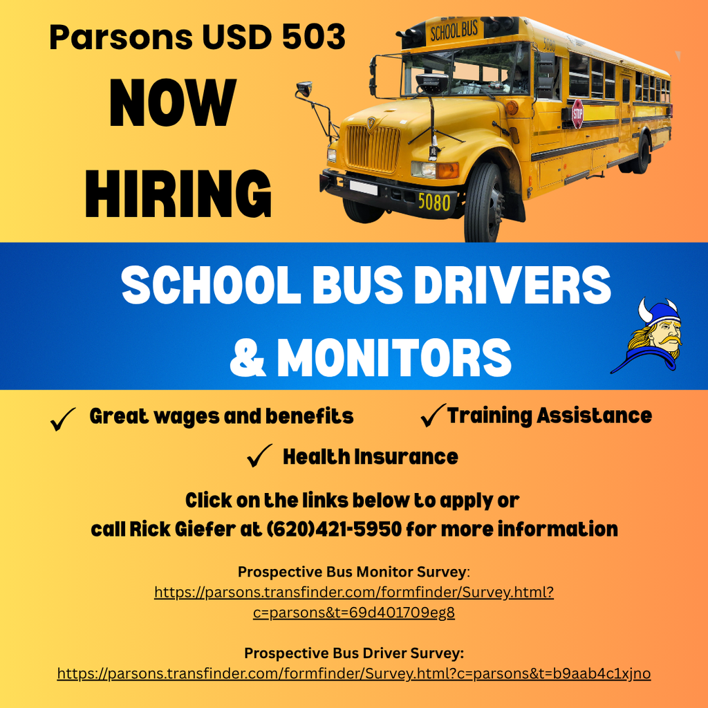 A poster featuring a bus noting the district is hiring bus drivers and monitors.