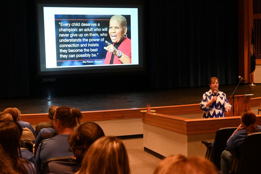 Lori Perkins speaks to staff about the importance of their role in students' lives.
