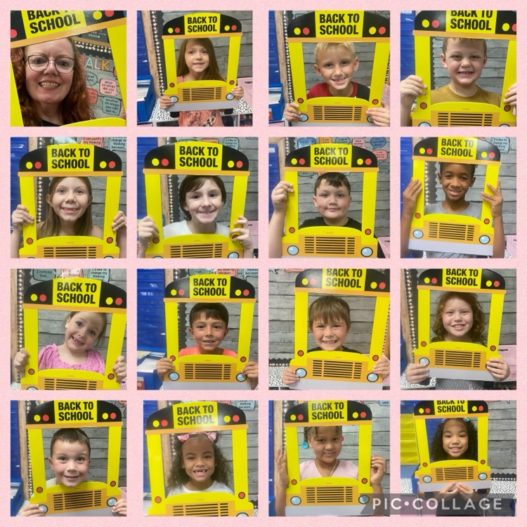 a collage of smiling students holding back to school photo frames